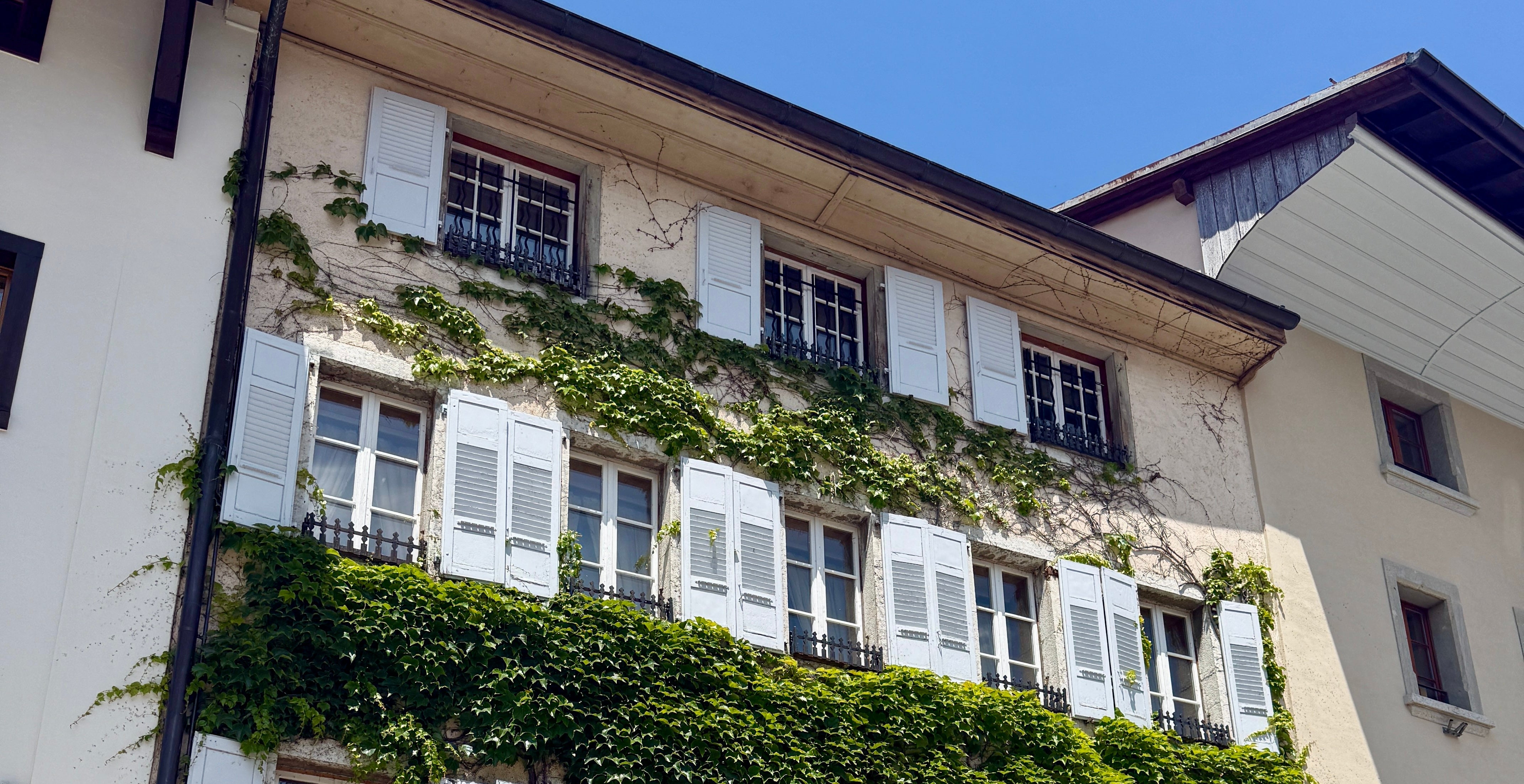 Traditional European building with greenery on a sunny day